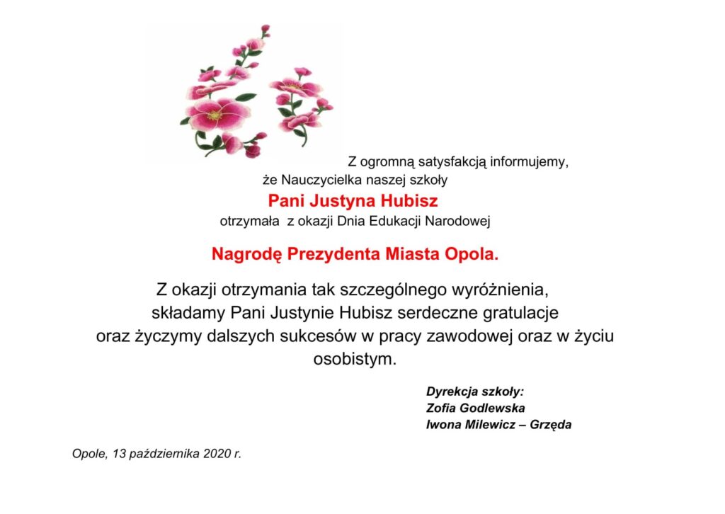 Nagroda prezydenta dla pani Justyny Hubisz