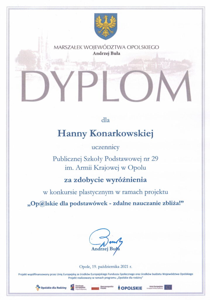 Dyplom dla Hanny Konarkowskiej w konkursie plastycznym