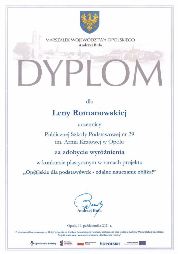 Dyplom dla Leny Romanowskiej w konkursie plastycznym