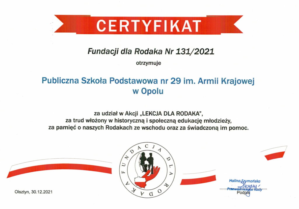 Certyfikat Fundacji dla Rodaka dla PSP nr 29 za udział w Akcji "Lekcja dla Rodaka"