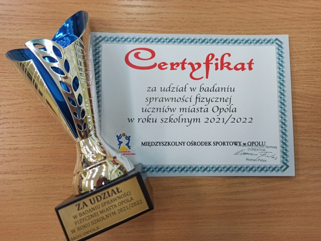 Certyfikat za udział w badaniu sprawności fizycznej uczniów miasta Opola
