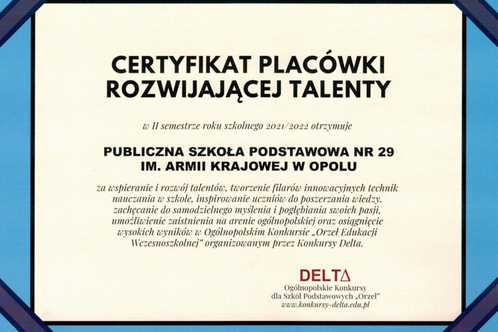 Certyfikat placówki rozwijającej talenty dla PSP nr 29 w Opolu
