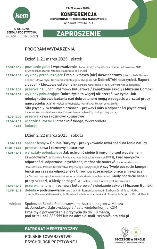 Konferencja "Odporność psychiczna nauczycieli " 21-22 marca 2025 SSP w Miliczu