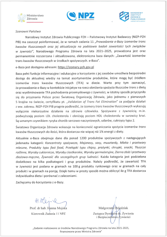 Zawartości izomerów trans kwasów tłuszczowych w środkach spożywczych e- Baza - Narodowego Instytutu Zdrowia Publicznego PZH