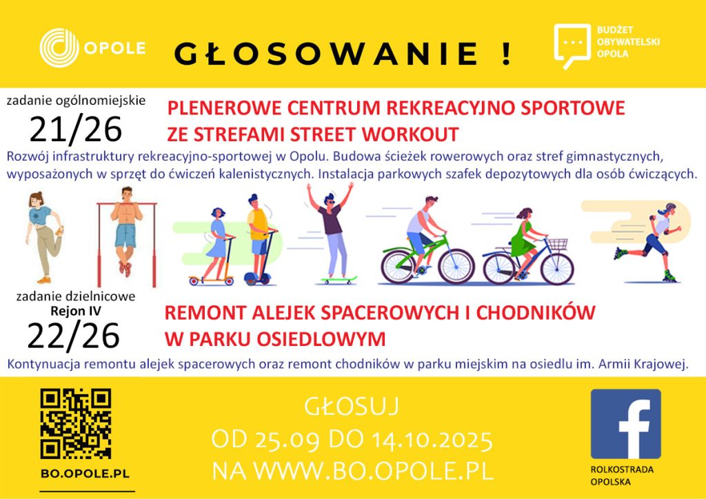 adania o których mowa to:
NR 21/26 - Plenerowe centrum rekreacyjno sportowe ze strefami street workout.
NR 22/26 - Remont alejek spacerowych i chodników w parku osiedlowym.

Obydwa zadania mają na celu rozwój infrastruktury parku osiedlowego poprzez dokończenie remontu alejek parkowych, bezpośrednio sąsiadujących z PSP29 i LO6, a także utworzenie na terenia parku streg do ćwiczeń fizycznych. Szczegółowy opis zadań znajduje się na stronie budżetu obywatelskiego pod adresami:
https://bo.opole.pl/lista-projektow-po-ocenie-merytorycznej-szczegoly-1400168459-1400169542-4e90980180ed28e9e2648ab9556994a6.html
https://bo.opole.pl/lista-projektow-po-ocenie-merytorycznej-szczegoly-1400168459-1400169553-300566fd9e08cef687719fb9a9edecd5.html
