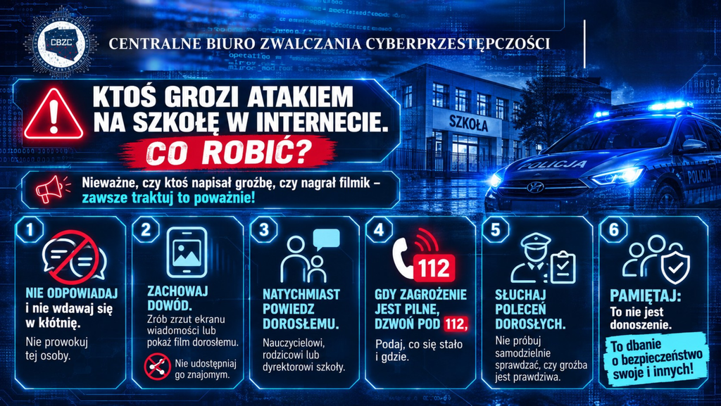 Ktoś grozi atakiem na szkołę w Internecie? Co robić?
nie odpowiadaj
zachowaj dowód
powiedz dorosłemu
dzwoń pod 112
słuchaj poleceń dorosłych